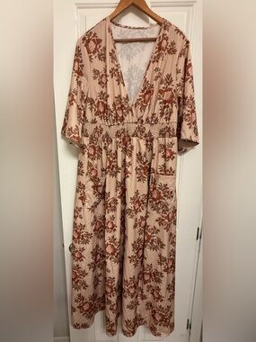SHEIN Pink & Rust Floral Boho Maxi Dress with Pockets - 2XL